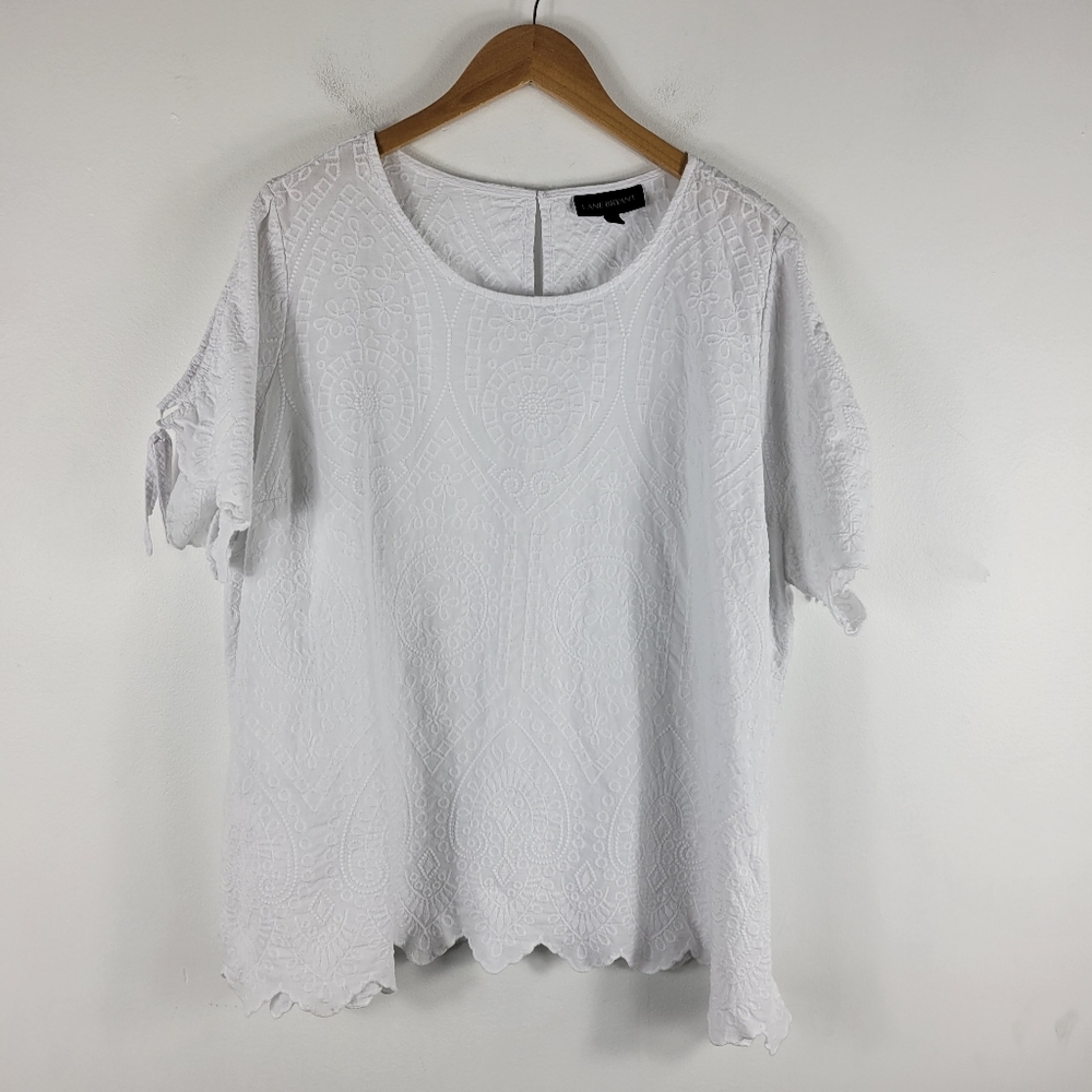 Lane Bryant Embroidered Floral Tie Sleeve Scalloped Hem Blouse